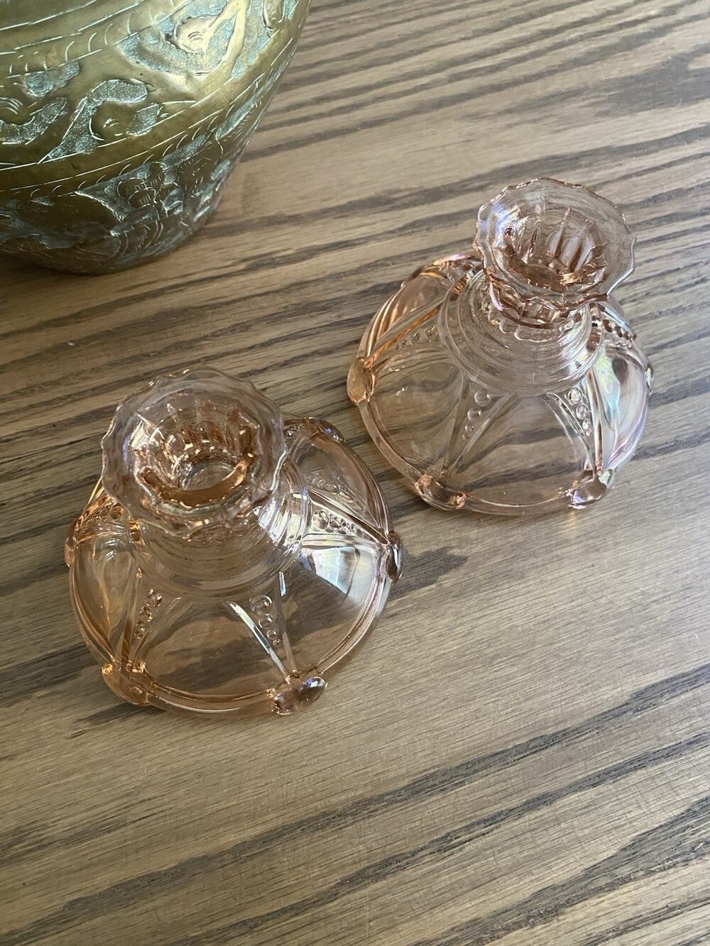 Vintage Depression Glass Pink Candle Holders Set Of 2 Pink Glass Candleholders
